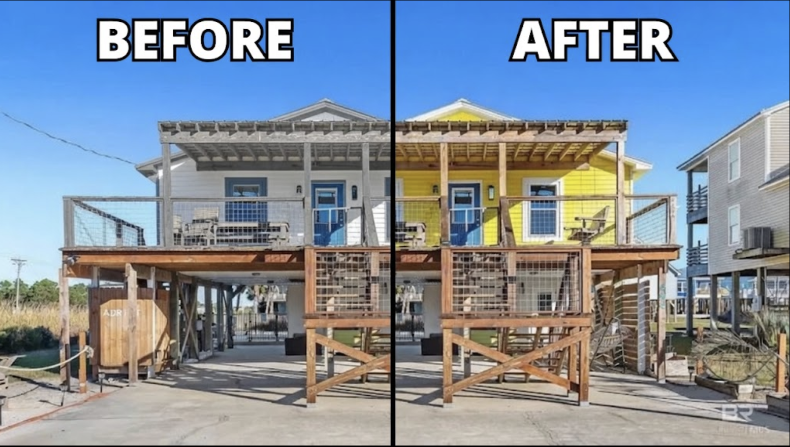 Stilted beach house exterior — white to yellow repaint
