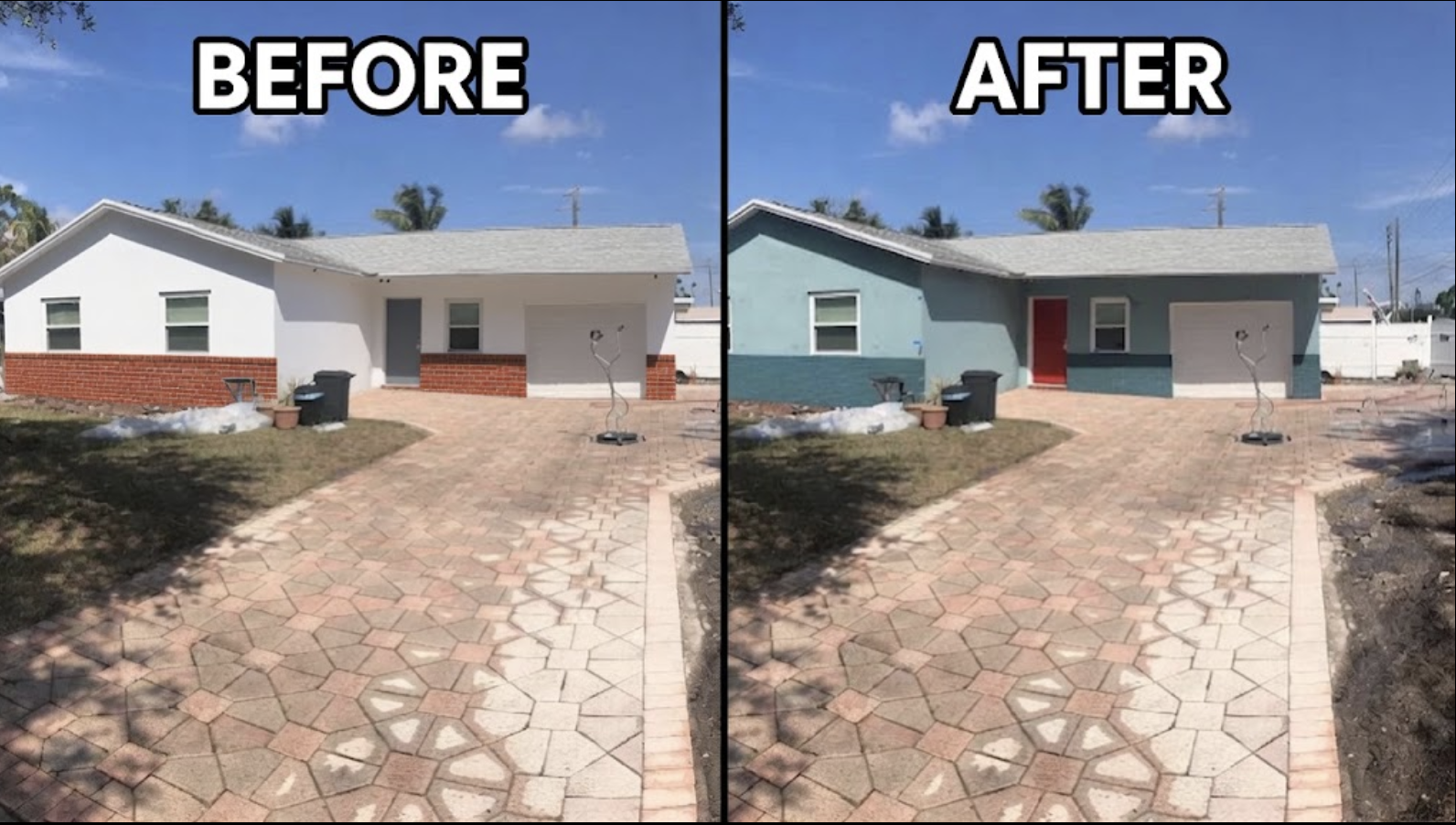 Ranch home exterior — white to teal with red door