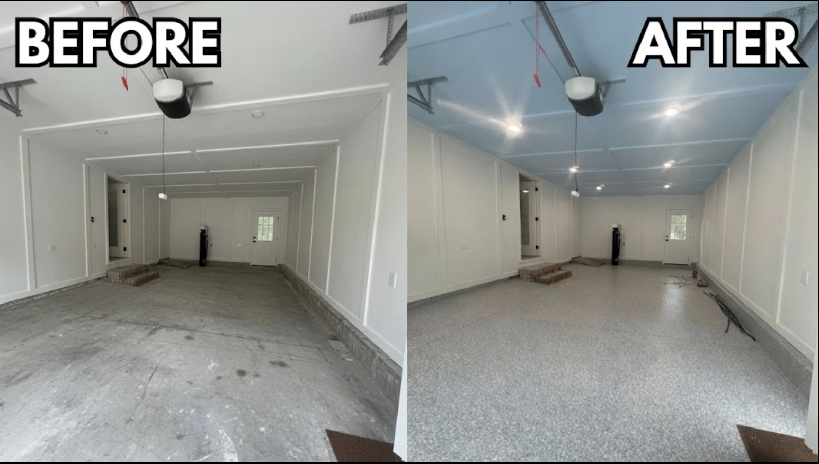Garage interior — walls painted and epoxy floor
