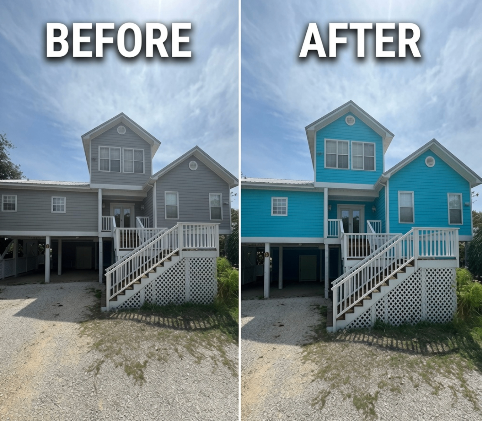 Two-story beach house exterior — grey to teal repaint