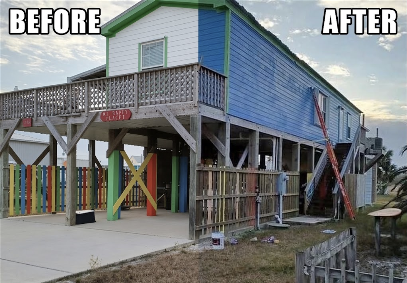 Beach house exterior repaint — before and after (blue)